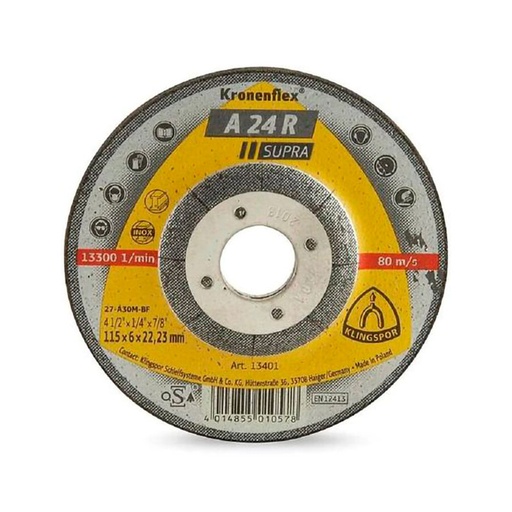 [13401] Disco Abrasivo Desbaste 4-1/2" * 1/4" (6mm) Ks/Supra/A24R/S/Gek/115X6X22,23 Centro Deprimido Klingspor